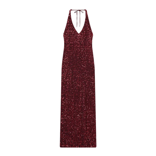 Woman wearing Burgundy Beaded Deep V Neck Long Dress in a casual outdoor setting