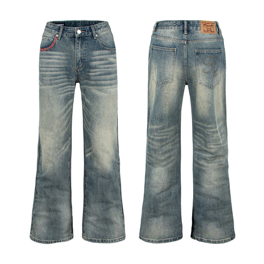 Woman wearing Washed Distressed Cat Eye Denim Pants in a casual setting
