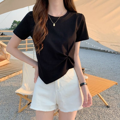 Woman wearing Slim Fit Short Sleeve Crop Top in a casual setting