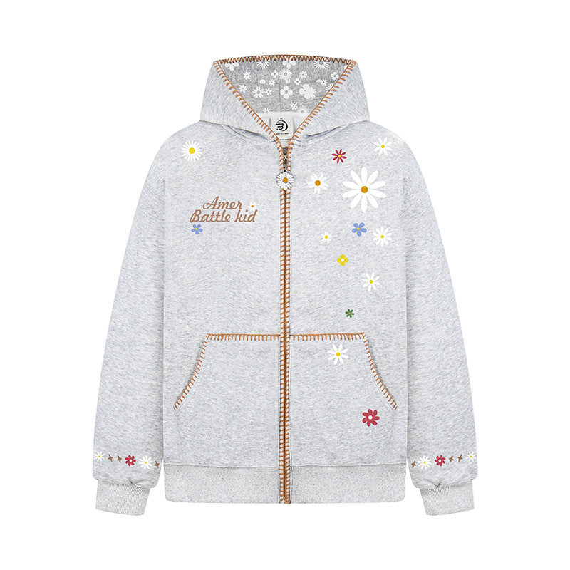 Woman wearing Floral Embroidery Hooded Sweatshirt in a casual setting