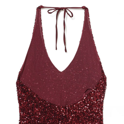 Burgundy Beaded Deep V Neck Long Dress | Tajstylo
