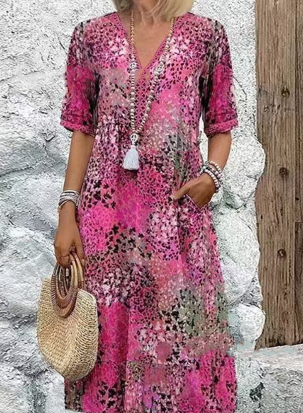 Woman wearing Color Blocked Lace Trim V Neck Short Sleeve Dress in a sunny outdoor setting