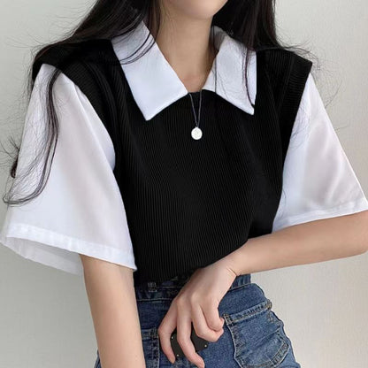 Two Tone Polo Neck Short Sleeve Top | Tajstylo