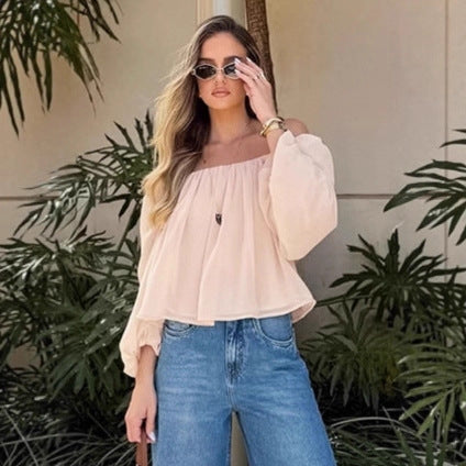 Woman wearing One Shoulder Chiffon Top in an office setting