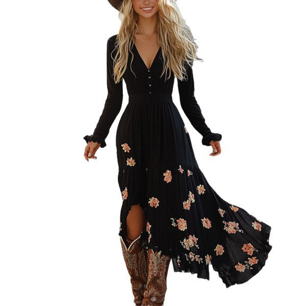 Woman wearing Bohemian Floral Print Midi Dress in a garden setting