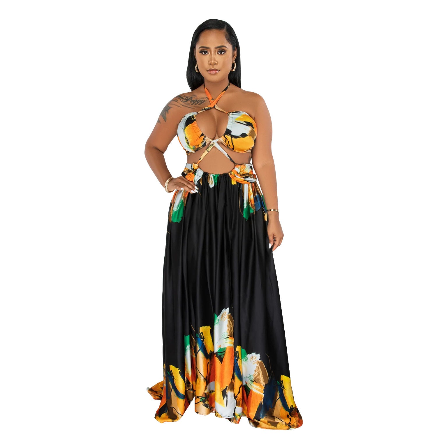 Woman wearing Tie-Front Sleeveless Wrap Bodycon Maxi Dress in a sunny outdoor setting