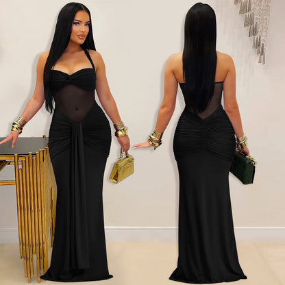 Sheer Mesh Halter Tie-Back Bodycon Dress | Tajstylo