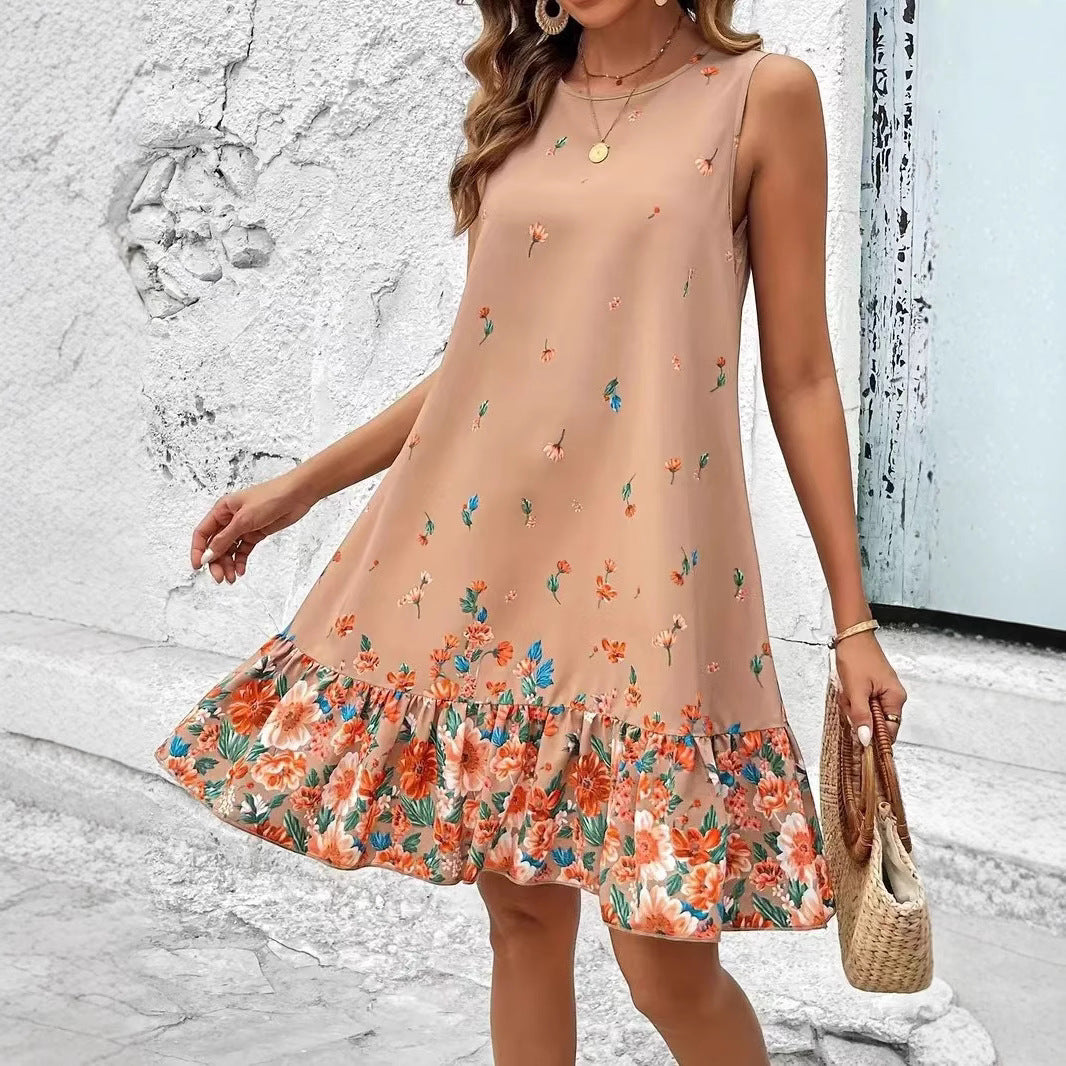 Woman wearing Floral Midi Dress with Short Sleeves in a sunny garden setting