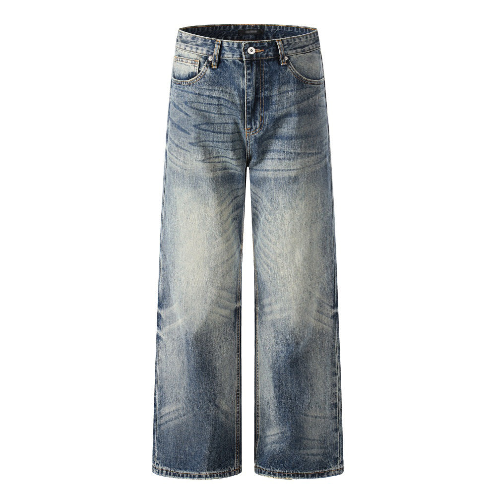 Woman wearing Washed Blue Straight Leg Denim Pants in a casual setting