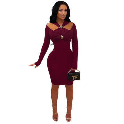 Woman wearing Solid Colour V-Neck Bodycon Midi Dress in a chic setting