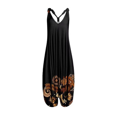 Woman wearing Printed Sleeveless Loose Knit Overalls in a city setting