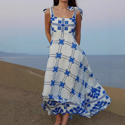 Woman wearing Lace Splice Strap Midi Dress in a sunny outdoor setting
