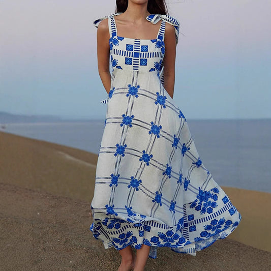 Woman wearing Lace Splice Strap Midi Dress in a sunny outdoor setting