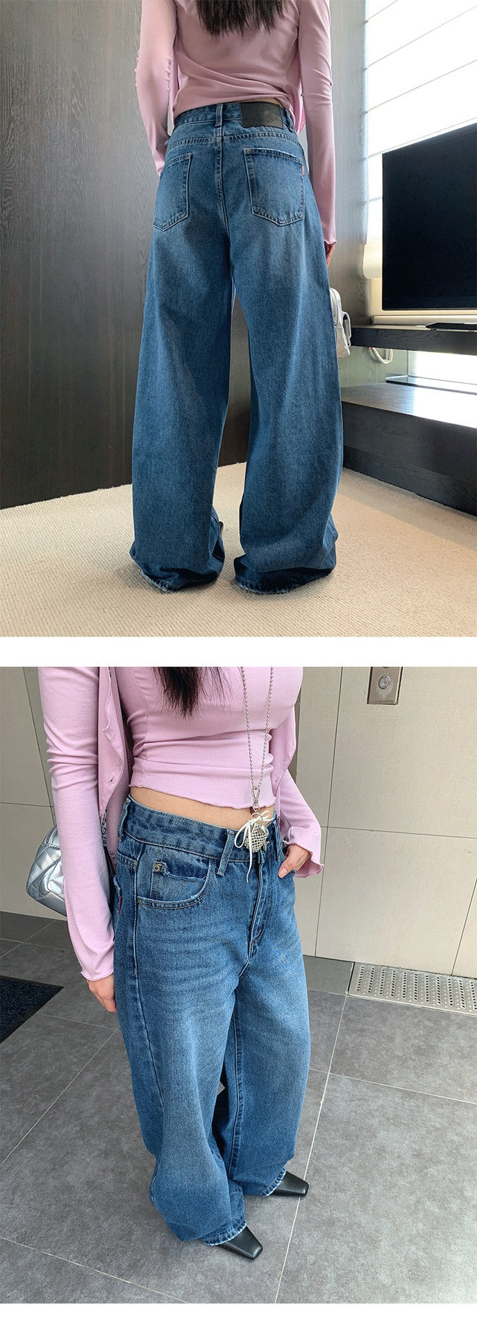 Woman wearing Distressed Wide Leg Jeans in a casual street setting