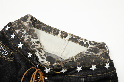 Leopard Print Spliced Denim Pants | Tajstylo