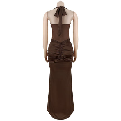 Sheer Mesh Halter Tie-Back Bodycon Dress | Tajstylo