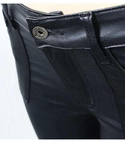 Black PU Leather Warm Fleece Pants | Tajstylo