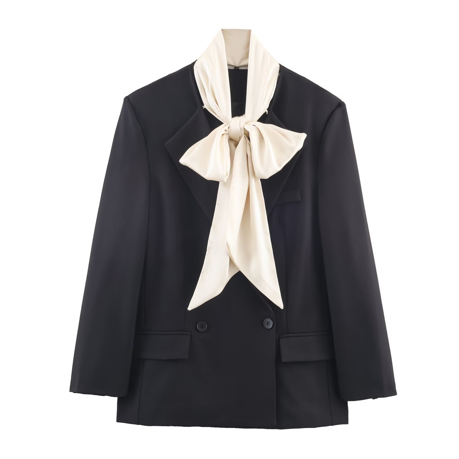Woman wearing Color Blocking Scarf Bow Collar Suit Jacket in a stylish office setting