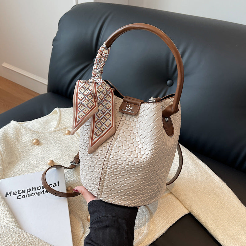 Women's Urban Minimalist PU Woven Magnetic Clasp Shoulder Bucket Bag – Full Look | TajStylo