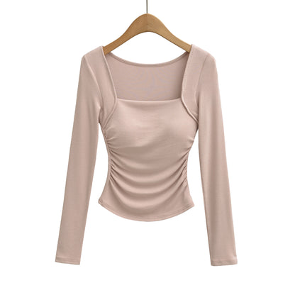 Square Neck Pleated Long Sleeve T-Shirt | Tajstylo