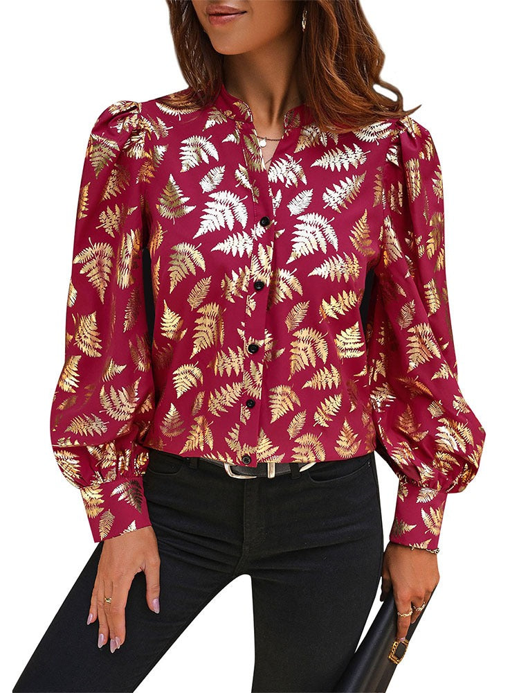 Woman wearing Elegant Plant Print Shirt in a cozy autumn setting