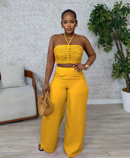 Drawstring Tie-Up Top and High Waist Loose Long Pants Set | Tajstylo