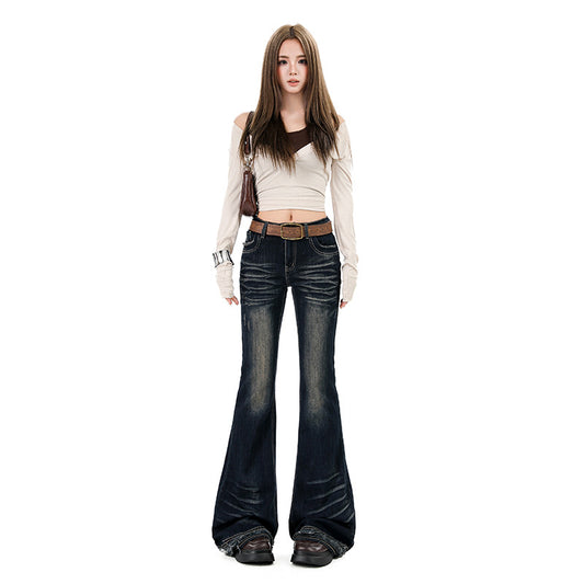Retro Blue Embroidered Flared Jeans | Tajstylo