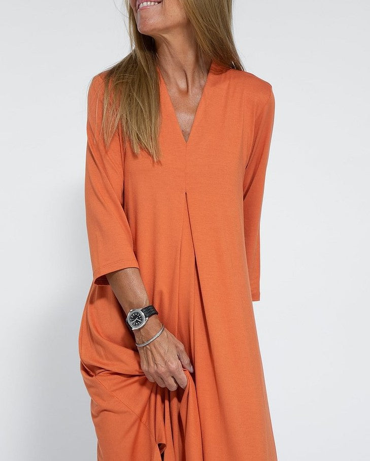 V Neck Three Quarter Sleeve Knit Dress | Tajstylo