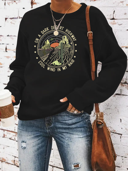 Woman wearing Printed Loose Hoodie in a casual setting