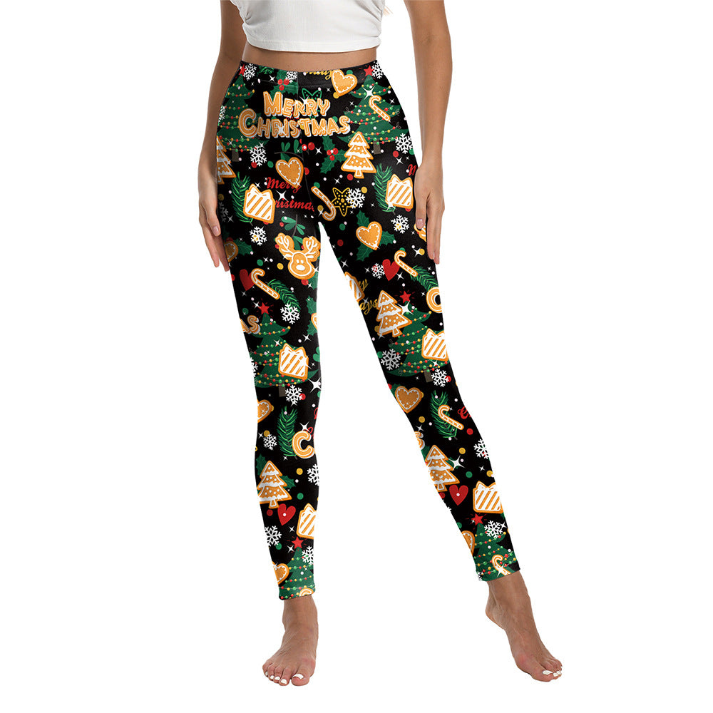 Woman wearing Christmas Snowman Cookies Sports Leggings in a festive setting