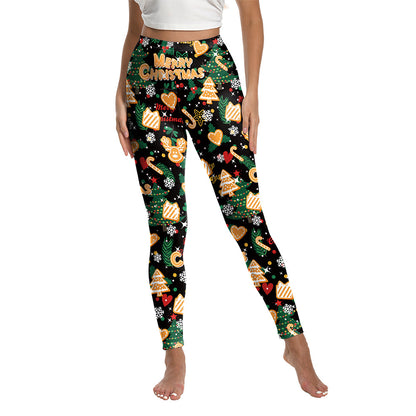 Woman wearing Christmas Snowman Cookies Sports Leggings in a festive setting