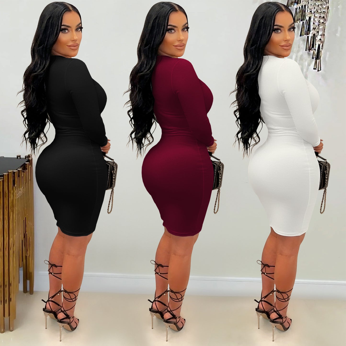 Woman wearing Solid Colour V-Neck Bodycon Midi Dress in a chic setting
