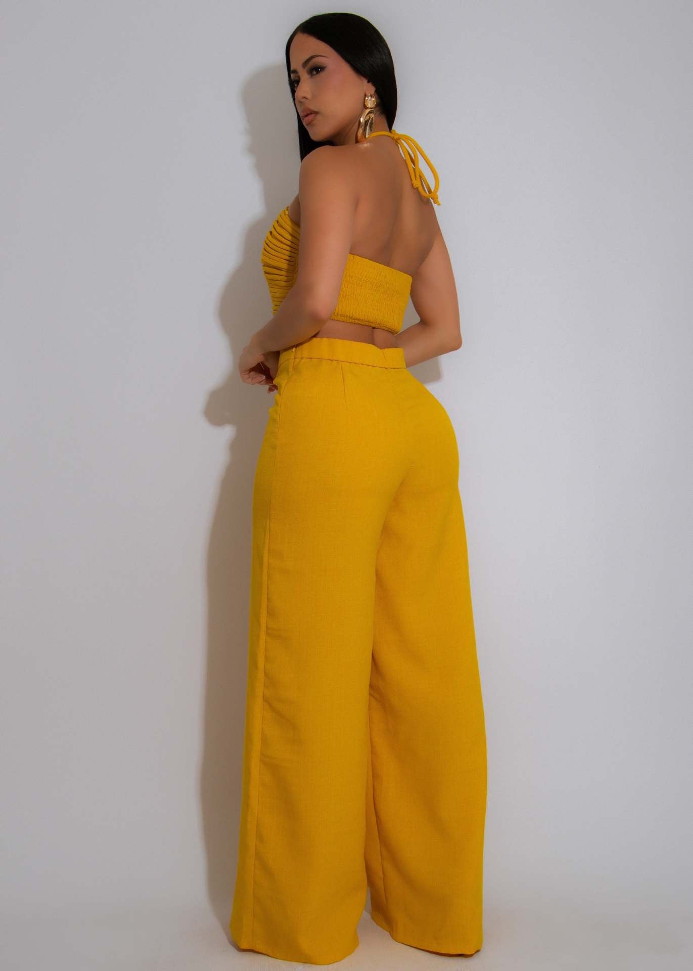 Drawstring Tie-Up Top and High Waist Loose Long Pants Set | Tajstylo