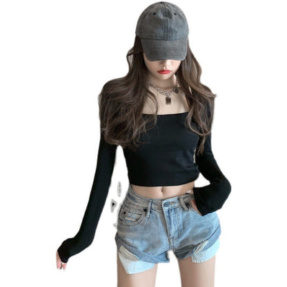 Woman wearing Slim Fit Long Sleeve Square Neck Top in a stylish setting