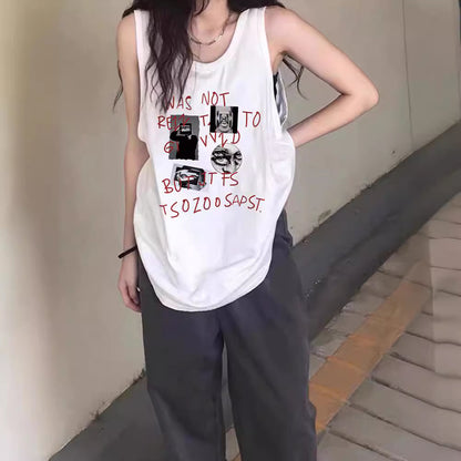 Woman wearing Printed Sleeveless Vest for women in a casual setting