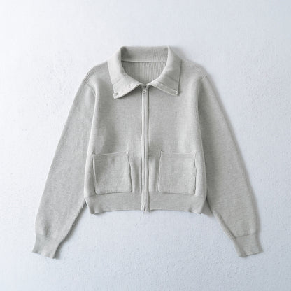 Zipper Lapel Long Sleeve Pocket Top | Tajstylo