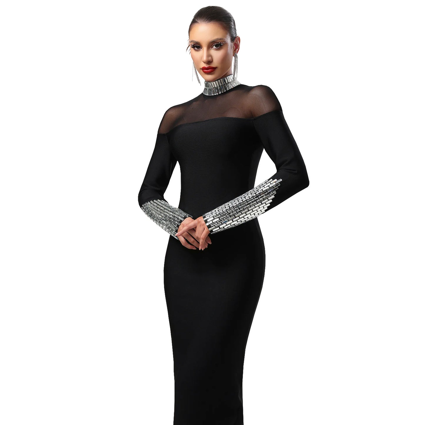 Elegant High Neck Long Sleeve Fitted Dress | Tajstylo