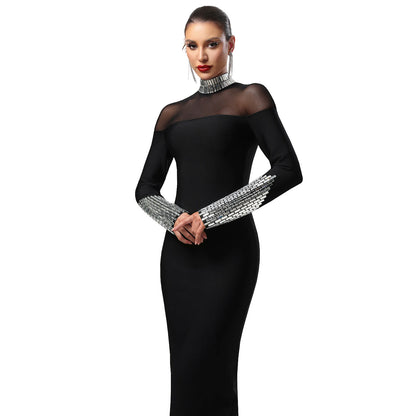 Elegant High Neck Long Sleeve Fitted Dress | Tajstylo