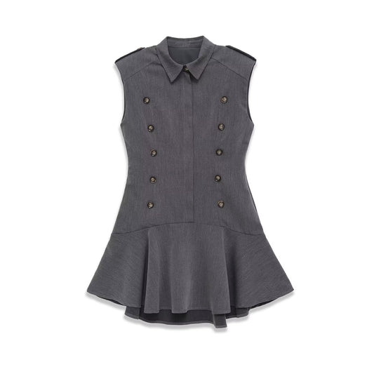 Woman wearing Gray Double Breasted Shoulder Pad Dress in a stylish setting