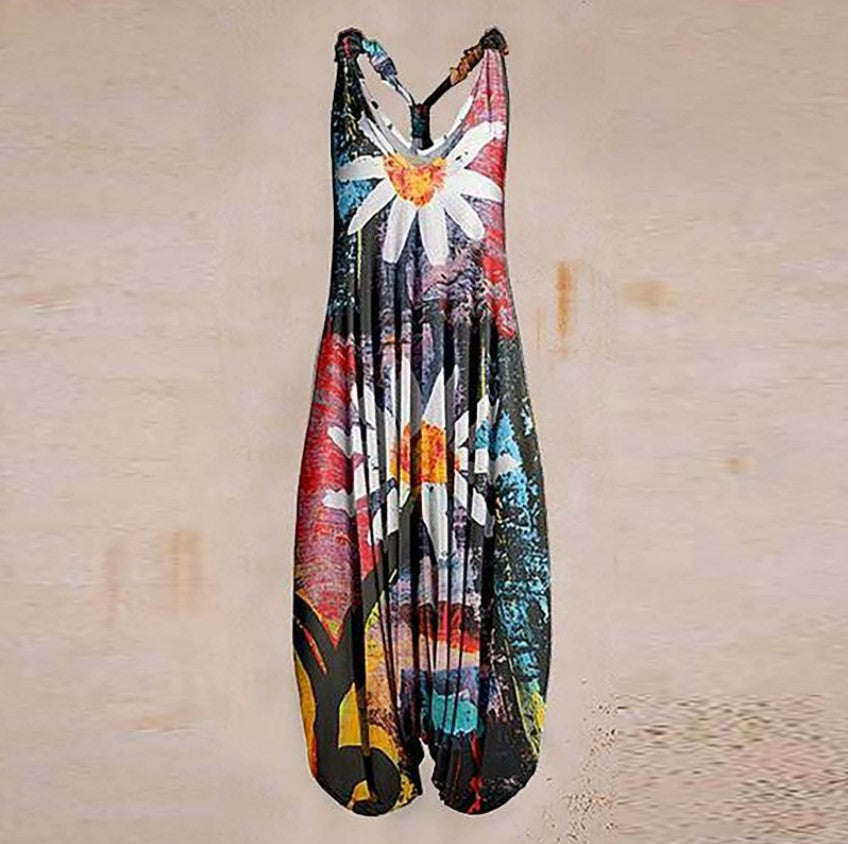Woman wearing Printed Sleeveless Loose Knit Overalls in a city setting