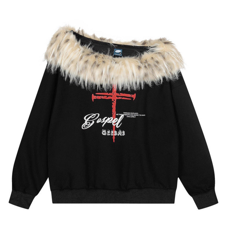Woman wearing Faux Fur Collar Asymmetrical Crop Top in an urban setting