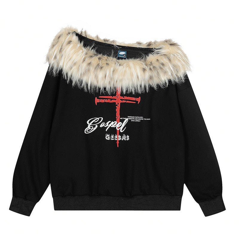 Woman wearing Faux Fur Collar Asymmetrical Crop Top in an urban setting