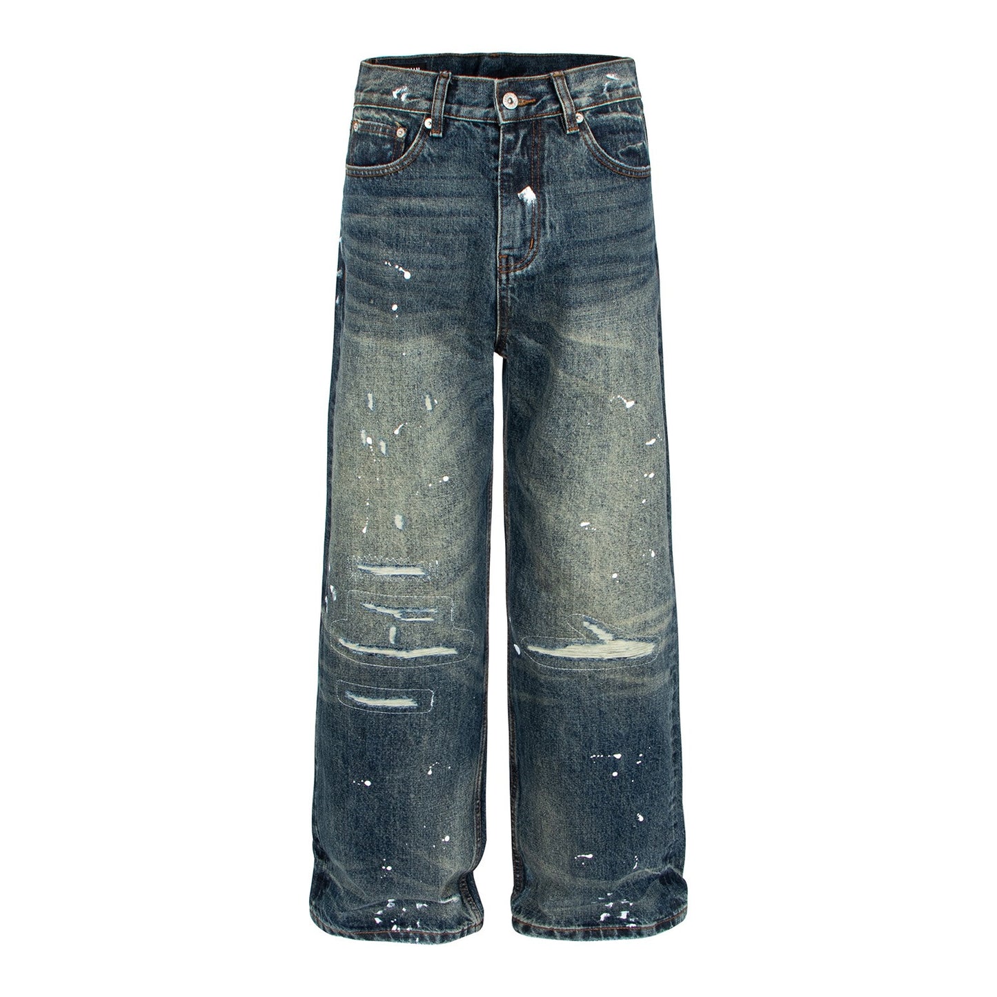 Woman wearing American Vintage Distressed Straight Loose Jeans in an urban setting