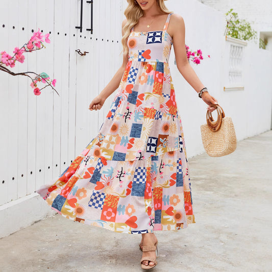 Woman wearing Floral Print Strap Flowy Boho Beach Maxi Dress in a sunny beach setting