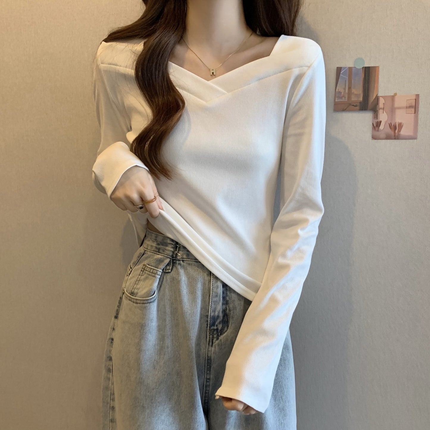 V Neck Long Sleeve Fleece Top | Tajstylo