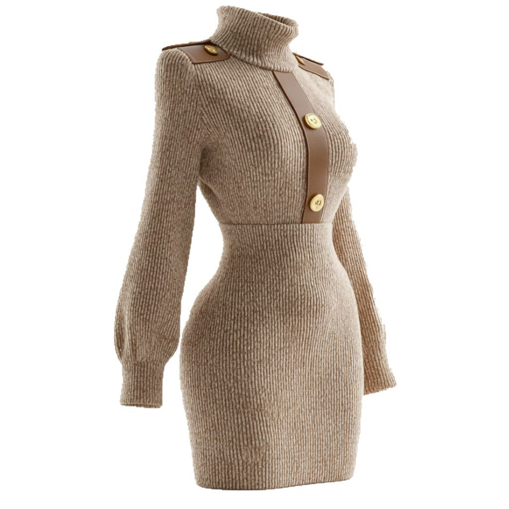 Woman wearing Color Block Knit Dress in a stylish autumn setting