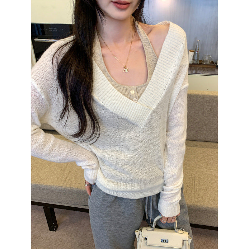 Woman wearing Faux Two-Piece Wool V-Neck Knit Sweater in a casual setting