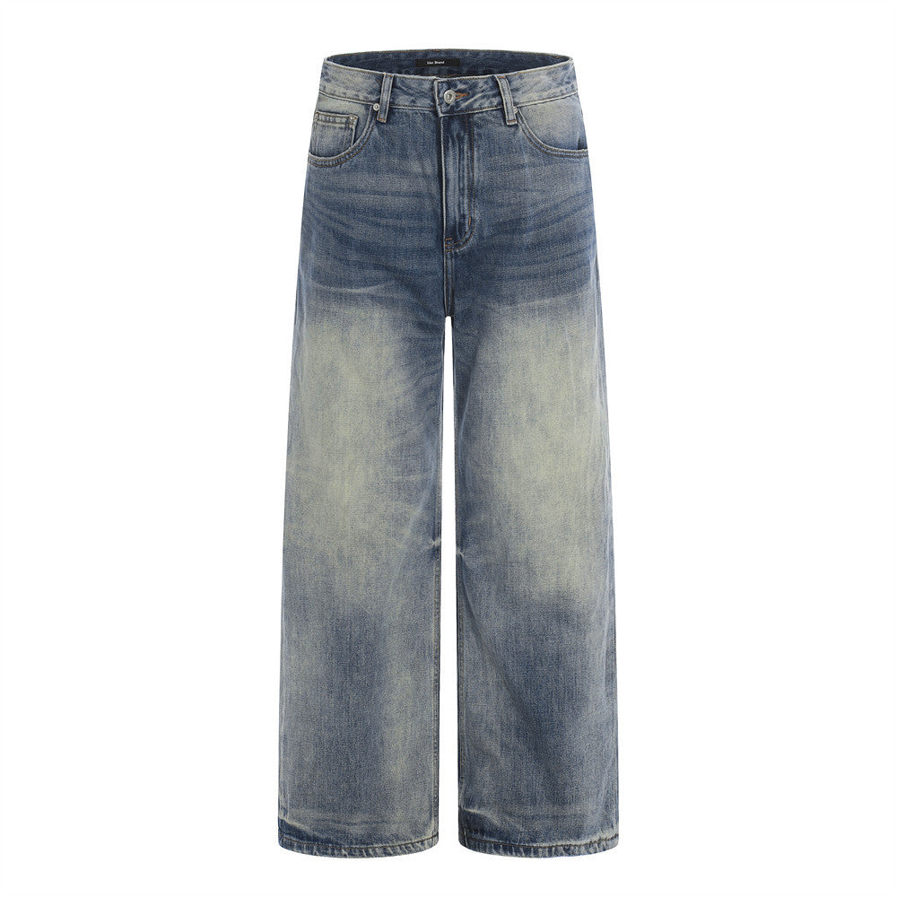 Woman wearing Washed Blue Denim Straight Leg Pants in a city setting