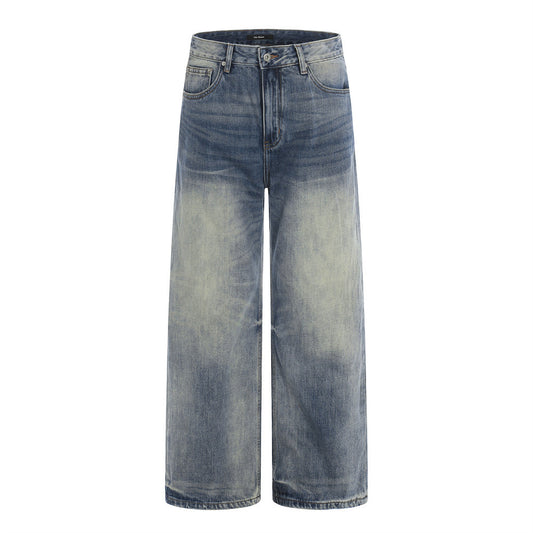 Woman wearing Washed Blue Denim Straight Leg Pants in a city setting