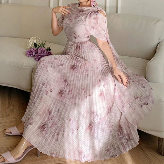 Pleated Maxi Dress with Print | Tajstylo